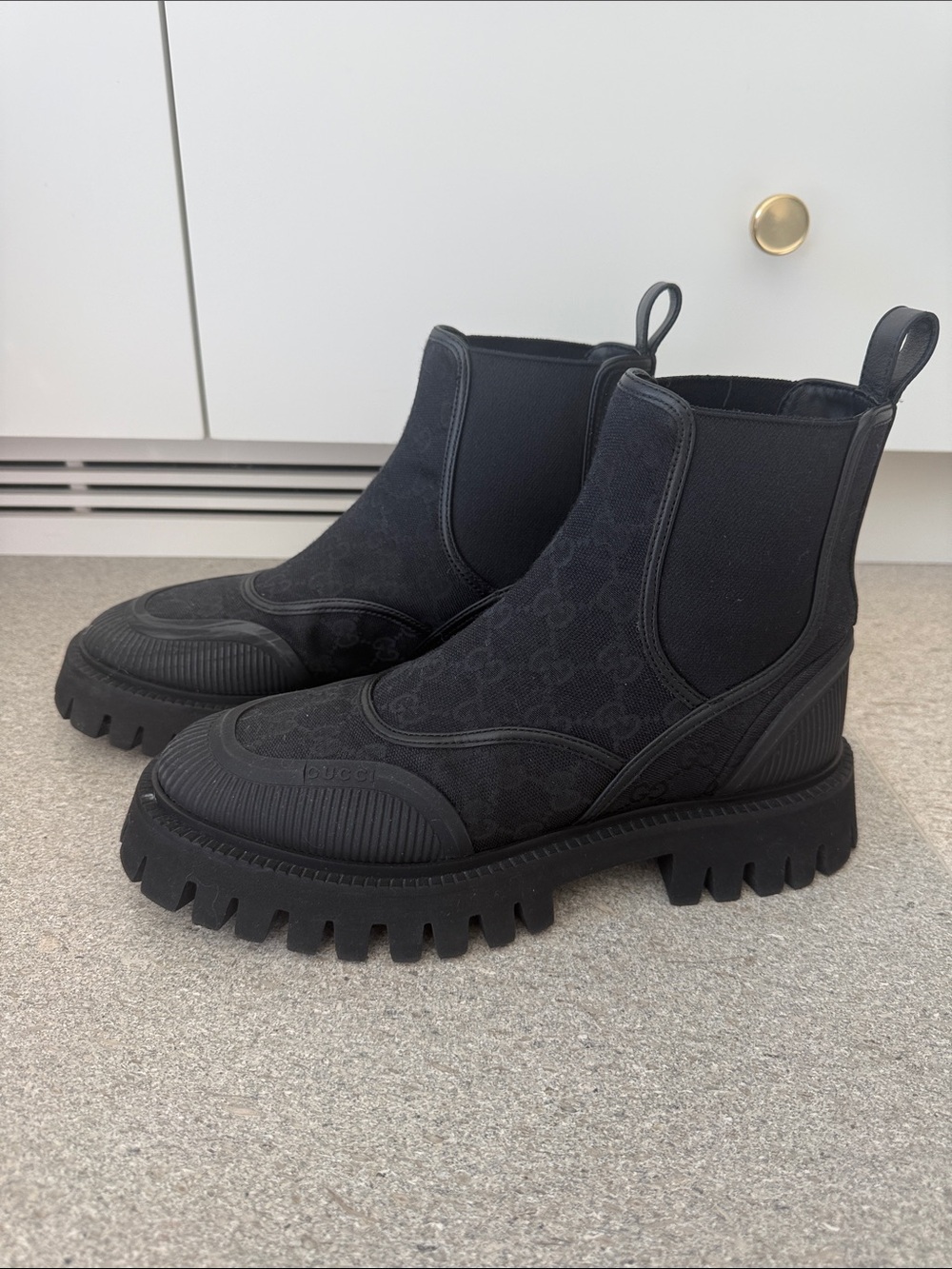 Gucci Black Monogram Lug Chelsea Boots